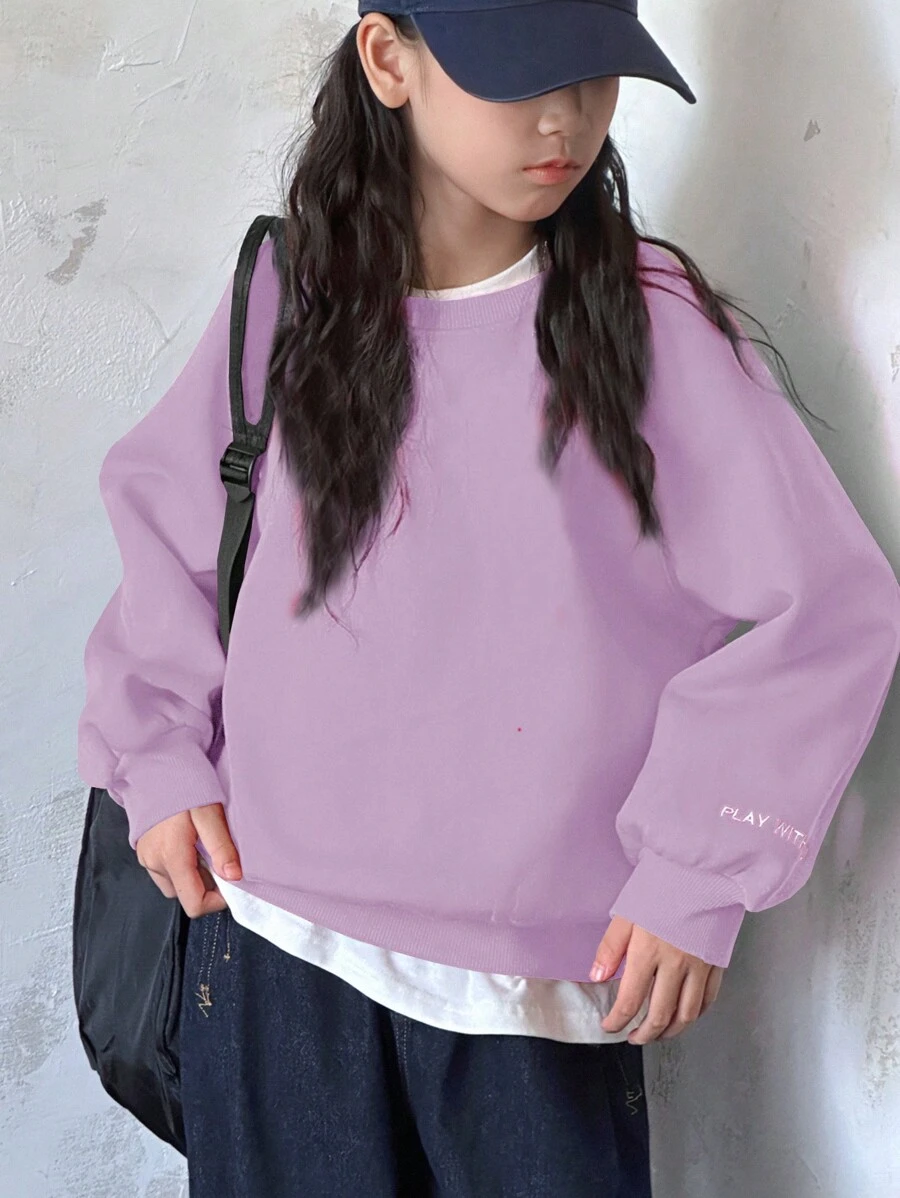 DAZY Tween Girl Round Neck Knit Letter Embroidery Sweatshirt, Tween Girl Fall Clothes - Purple - View 1