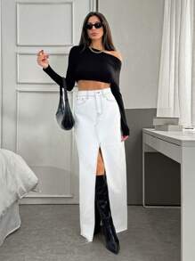 EURMUSE HIGH RISE CUT POP ART MODERN SKIRT WITH SLIT - White - View 5