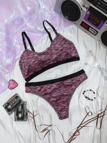 2 件套女士纯色拼接细肩带休闲无钢圈内衣文胸和内裤套装 - 彩色 - 查看 7