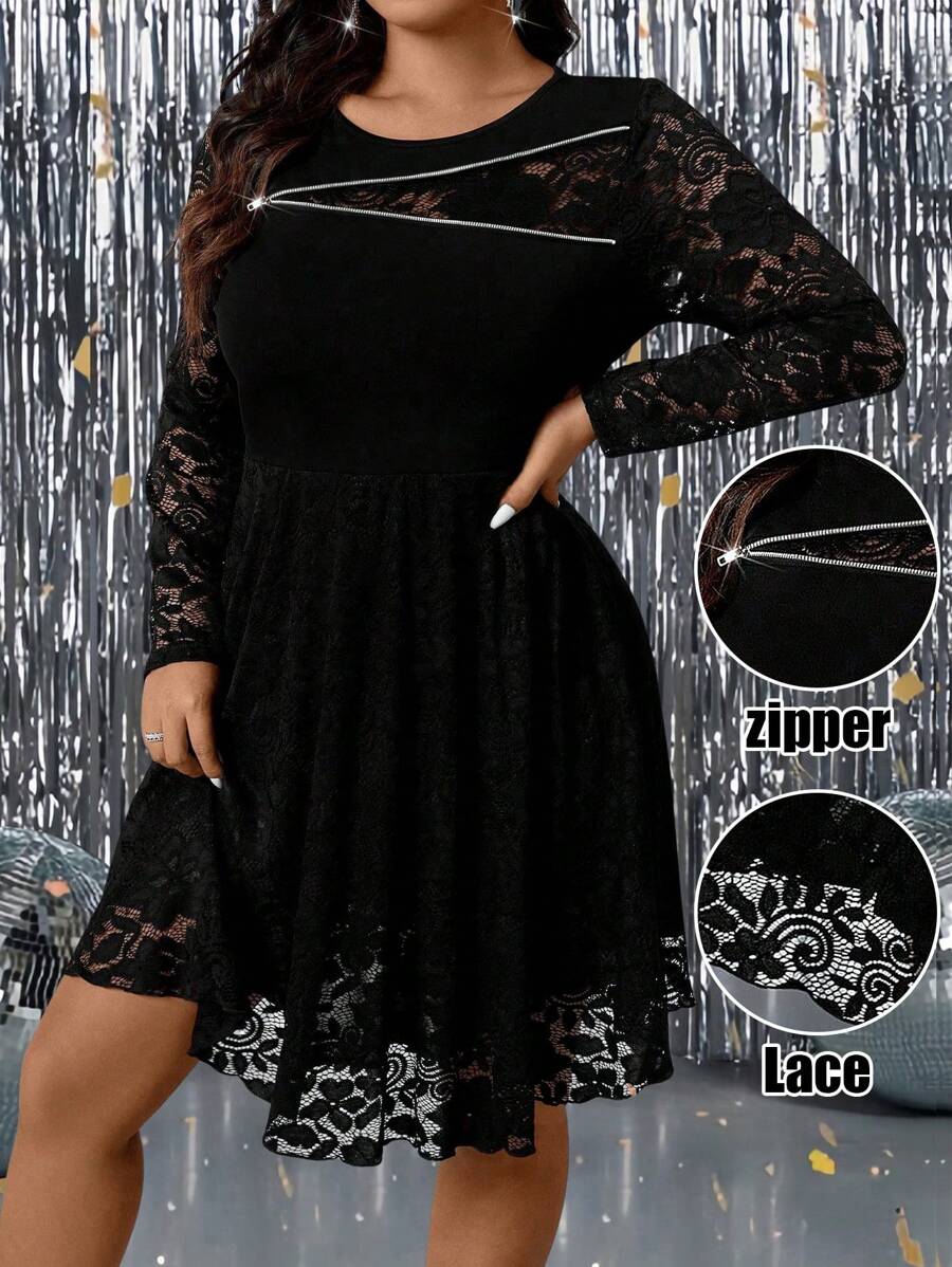 SHEIN Clasi Vestito aderente elegante da donna con zip e decorazione in pizzo, taglie grandi