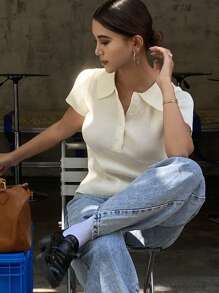 DAZY Women's Turn-Down Collar Short Sleeve Solid Color Button Front Casual Knit Sweater - White - View 6