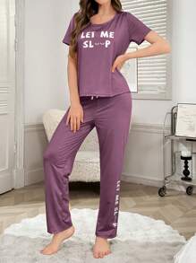 字母印花短袖T恤和裤子休闲套装 - 中紫紅色 - 查看 6