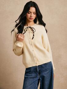 Poéselle Women's Casual Leopard Pattern Tie Solid Color Cardigan, Autumn