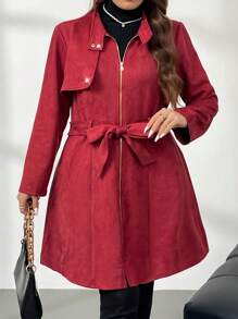 SHEIN Privé Cardigan Wanita Ukuran Plus Elegan untuk Berpergian, Resleting Depan, Sabuk Pinggang, Saku Pinggang, Hangat, Panjang Sedang - Burgundy - View 5
