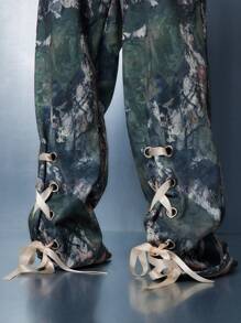 SUMWON WOMEN Luxury Statement Print Joggers With Ribbon Lace-Up Detail, Elastic Waist Sweatpants With Custom Cursive Script, Streetwear Athleisure Bottoms For Fall Winter - Multicolor - View 4