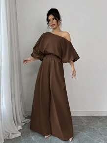 Firerie 2 Pieces Women's Casual Solid Color Asymmetric Neck Lantern Sleeve Top And Elastic Waist Wide-Leg Pants Set, Spring/Autumn - Rust Brown - View 4