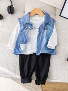 SHEIN Bộ 3 món áo thun dài tay họa tiết chữ đan cho bé trai/bé gái, áo vest và quần cạp chun, xuân/hè - Nhiều màu - Xem 6