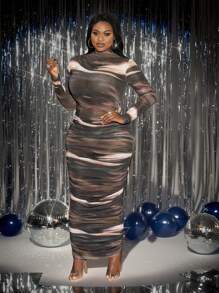 Slaydiva Đầm dài tay in họa tiết xếp nếp cổ đứng cỡ lớn cho nữ - Nhiều màu - Xem 1