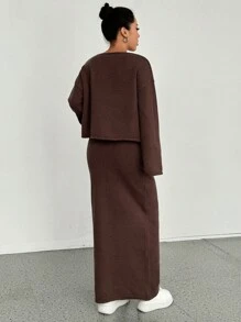SHEIN MOOSTA Autumn/Winter Elegant Coffee Brown V-Neck Slimming Sweater And Knitted Skirt 2 Pieces Set Fall Cloth For Women - Coffee Brown - View 2