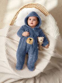 Cozy Pixies 新生儿男孩熊形连帽连体衣，厚衬里，长袖，包脚 - 藍色 - 查看 4