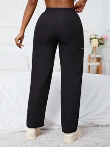 SHEIN LUNE Women's Solid Color Zip Pocket Long Pants Fall Cloth For Women - Black - View 2