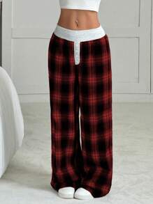 SHEIN EZwear Pantalones anchos de cintura baja de color block a cuadros informales