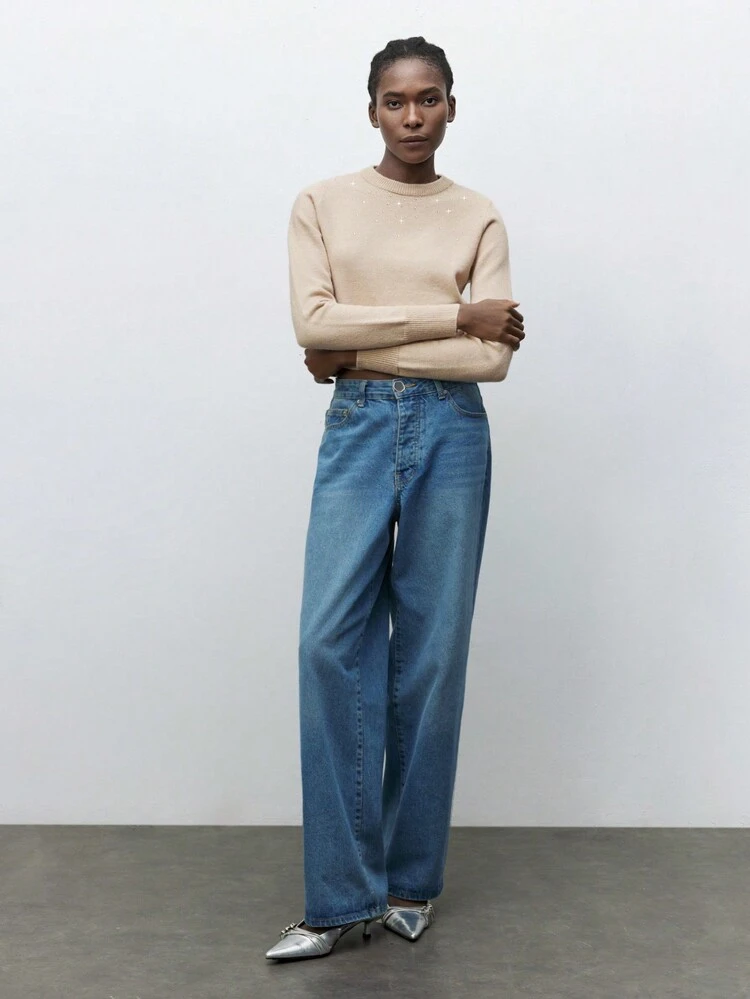 SHEIN Maija Femmes abricot décontracté pull à col rond orné de strass de couleur unie simple et élégant à manches longues, convient pour les loisirs et le port quotidien, automne/hiver