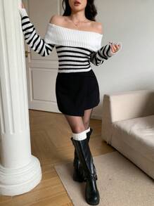SHEIN MOD Damen Bluse mit Carmen-Ausschnitt, Langarm, gestreift, für den täglichen Gebrauch - Weiss - Übersicht 6