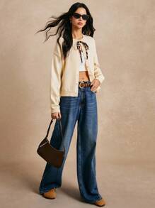 Poéselle Women's Casual Leopard Pattern Tie Solid Color Cardigan, Autumn