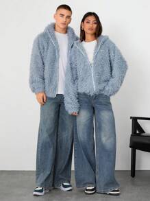 Manfinity VCAY Lion Pattern Loose Fit Hooded Long Sleeve Jacket Outerwear, Baby Blue Going Out Zipper Jacket, Suitable For Autumn/Winter Season, Friends, Husband, Boyfriend Gifts - Baby Blue - View 5