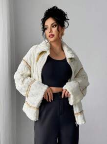 SHEIN Privé Women's Casual Elegant Warm Beige Fluffy Motorcycle Teddy Jacket, Regular Fit, Autumn/Winter