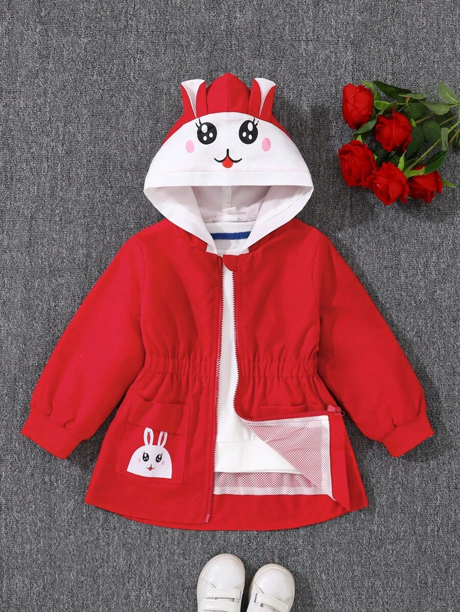 Little Girls Cute Rabbit Pattern Pocket Hooded Long Sleeve Casual Jacket, Suitable For Autumn And Winter - Red - View 1