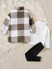 SHEIN SLAYR KIDS 3pcs/Set Young Girl Casual Plaid Reversible Fleece Warm Mid-Length Jacket, Long Sleeve Knit Top And Leggings Young Girl Winter Outfits Girls