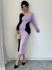 Elenzga 女士拼色毛衣裙，简约时尚，适合日常休闲穿着 - 淡紫色 - 查看 5