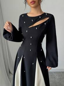 Modelyn Đầm Maxi Dài Dáng Chữ A Khoét Hở Hai Tông Màu Thanh Lịch Cho Nữ Đầm Dạ Hội Dài - màu đen - Xem 6