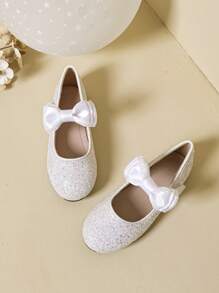 女童优雅亮片蝴蝶结平底鞋，秋冬 - 白色 - 查看 3