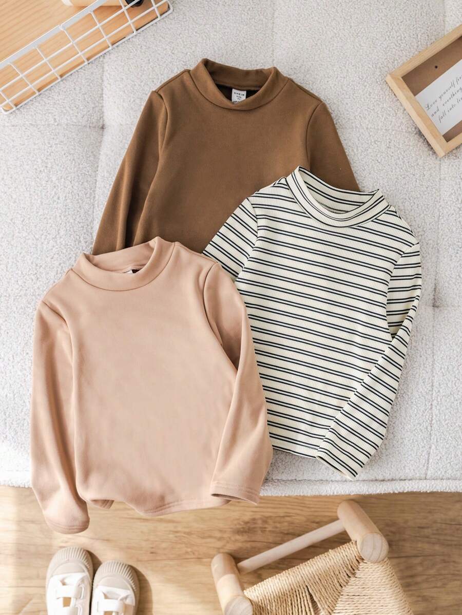 3 chiếc áo thun cổ lọ kẻ sọc giản dị cho bé trai, ấm áp và thích hợp cho thể thao, mặc hàng ngày và mặc nhiều lớp, mùa thu/đông - Nhiều màu - Xem 1