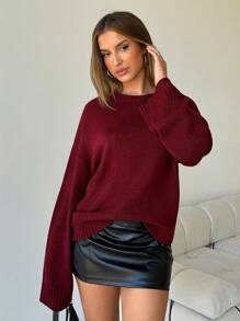 Aloruh 女士纯色圆领长袖休闲宽松针织毛衣日常休闲圣诞快乐运动衫长袖假日女士感恩节美国新年除夕套头衫宽松约会外出日常休闲商务休闲别致舒适毛衣勃艮第红色，秋冬，休闲 - 紅色 - 查看 1