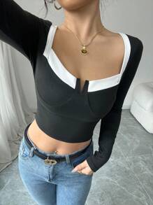 INAWLY French Elegant Square Neck Color Block Cropped T-Shirt With Underwire For Women Graphic Tees Women Tops