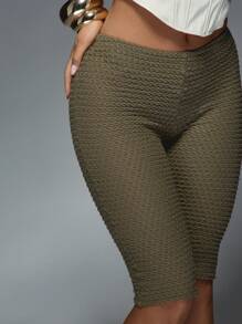 MISSGUIDED 纹理针织及膝骑行短裤高腰塑身压缩裤蜂窝图案夏季紧身裤休闲运动服 - 軍綠色 - 查看 3