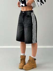 SHEIN EZwear 女式学院风街头服饰撞色蕾丝黑色洗水牛仔短裤 - 黑色 - 查看 2