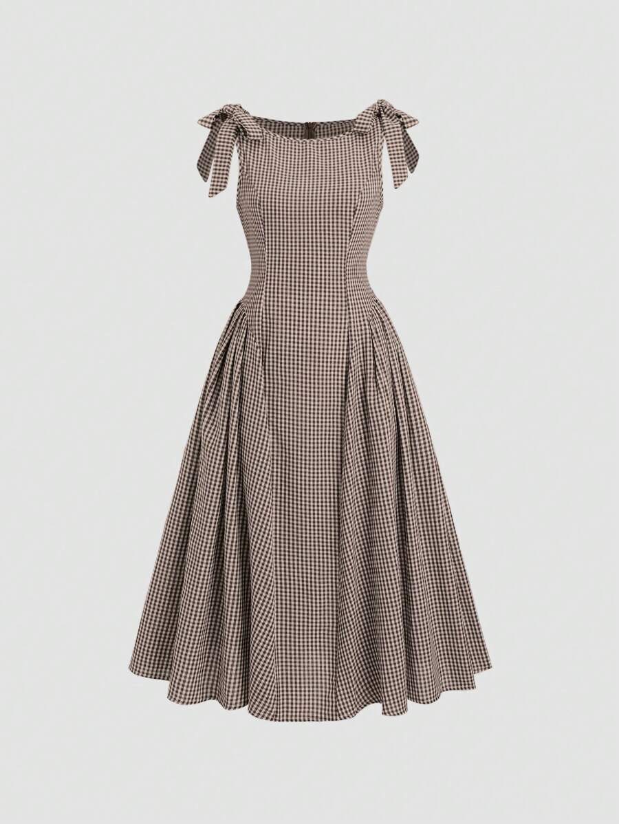Sweetra Casual Plaid Cinched Waist Ruched Fitted Dress - Coffee - View 1