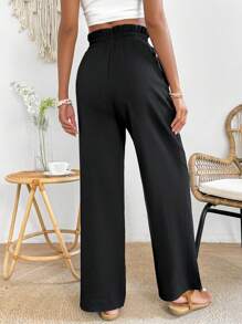 SHEIN PETITE Women's Paper Bag Waist Straight Trousers