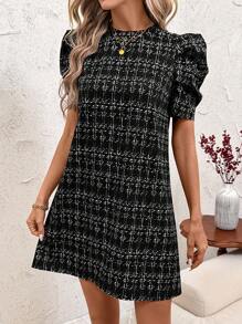 SHEIN Clasi Women's Plaid Print A-Line Dress, Comfortable And Suitable For All - Black - View 5