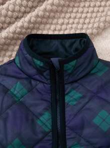 PrepCrw Young Boys' Fall/Winter School Style Blue & Green Plaid Woven Collared Front Zipper Cotton Jacket, Back To School Season - Blue - View 4