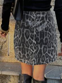 DAZY 女士豹纹亮片装饰半身裙，适合春夏季、情人节、中国新年猎豹印花秋冬季 - 彩色 - 查看 4