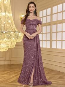 Strapless Back Cross-Tie Backless Design, Fishbone Slit Front, Lengthen Leg Line, High-End, Elegant Glittery Cocktail Dress Formal Evening Prom Wedding Guest Gown, For Graduation, Dinner Party Dress - Dusty Pink - View 5