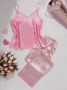 SHEIN 2pcs/Set Teen Girls Casual Heart Print Pants And Solid Cami Top, Comfortable Lounge Set - Multicolor - View 1