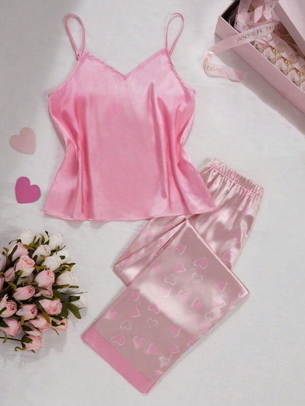 SHEIN 2pcs/Set Teen Girls Casual Heart Print Pants And Solid Cami Top, Comfortable Lounge Set