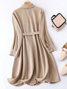 SHEIN LUNE Plus Size Casual Commuter Solid Front Button Down Shirt Dress For Autumn