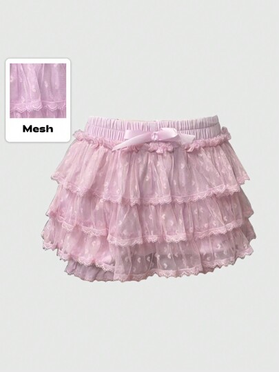 Goth Himekaji Heart Lace Patchwork Bow Solid Color Lantern Women Shorts For Valentine's Day