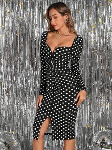 SHEIN Clasi Women Sweetheart Neck Full Print Casual Long Sleeve Dress,Polka Dot Dress
