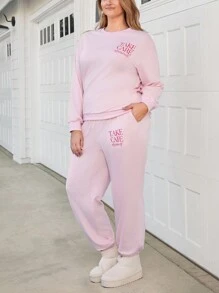 SHEIN LUNE Conjunto de 2 piezas de sudadera y pantalón de chándal con estampado de letras y cuello redondo para mujer talla grande, conjunto de atuendo de otoño/invierno y vacaciones