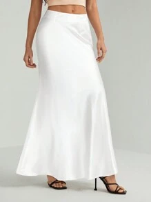 SHEIN Tall High Waist Solid Satin Extra Long Skirt - White - View 3