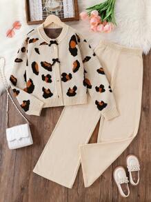 Tween Girls 2 Pieces Knit Sweater Set, Fashionable Leopard Pattern Cardigan With Long Pants, Versatile For Various Occasions Like Home Gatherings, Outings, School, Etc. - Apricot - View 1