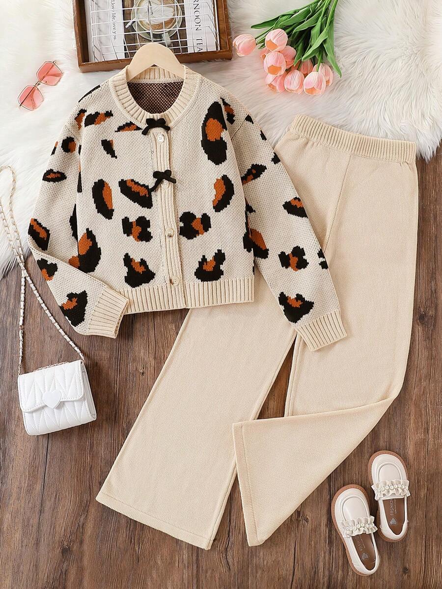 Tween Girls 2 Pieces Knit Sweater Set, Fashionable Leopard Pattern Cardigan With Long Pants, Versatile For Various Occasions Like Home Gatherings, Outings, School, Etc. - Apricot - View 1