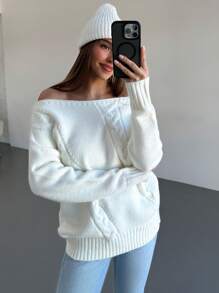 Aloruh Suéter holgado y casual de punto de cable con cuello redondo y hombros descubiertos para mujer, crema