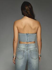 MISSGUIDED Top corset de mezclilla con diamantes termoadhesivos - Azul - Ver 2