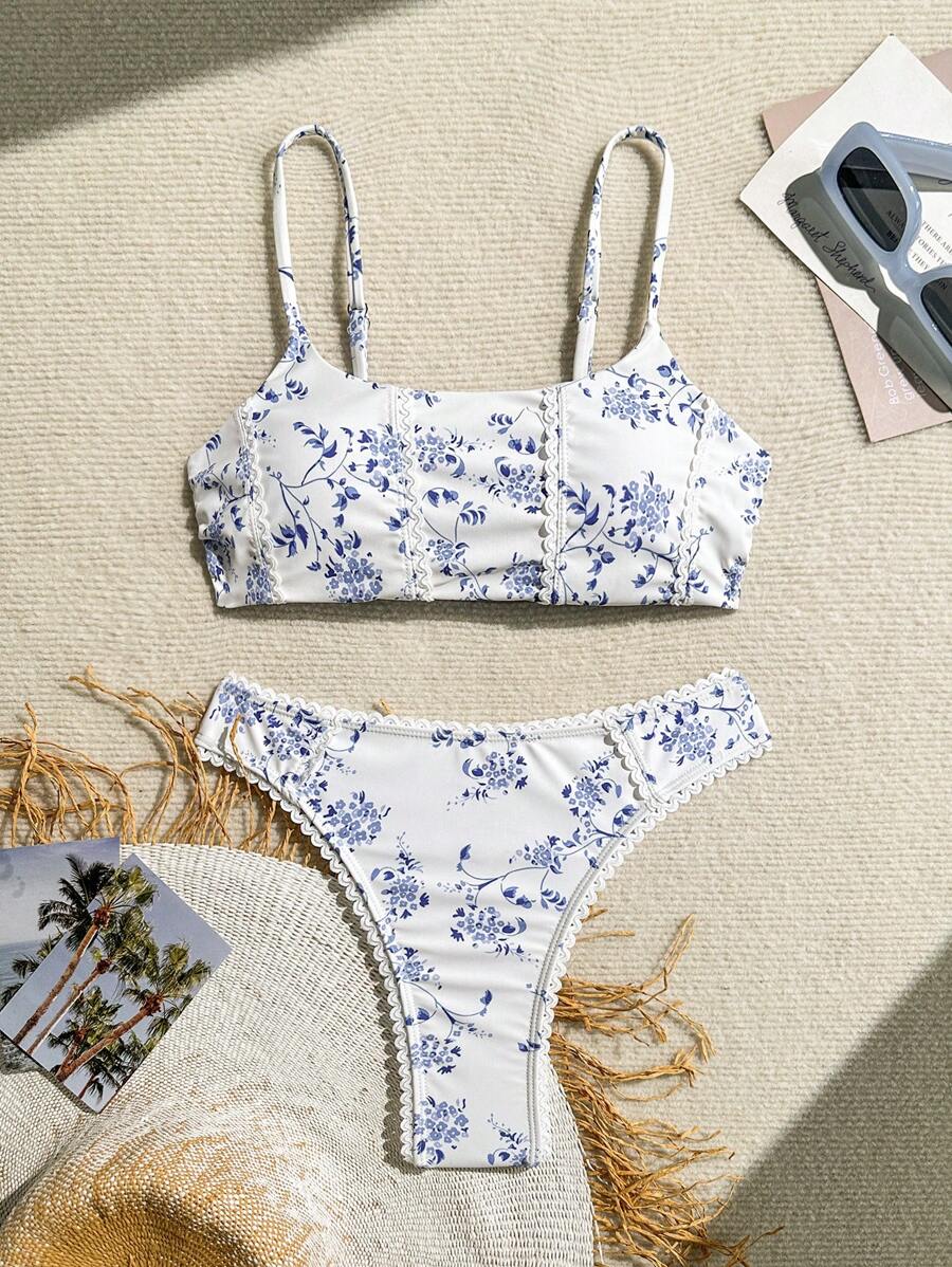SHEIN Swim Printed Pattern Bikini Set, Spaghetti Strap Floral Crop Top And High Cut Bottom Bikini Summer - Blue and White - View 1