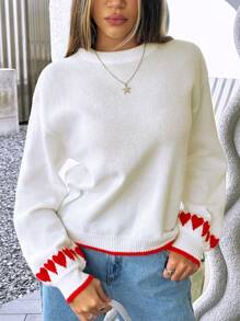 INAWLY Suéter casual de mujer de manga larga con caída en los hombros y patrón de corazón suelto, suéter de punto de otoño/invierno - Blanco - Ver 5